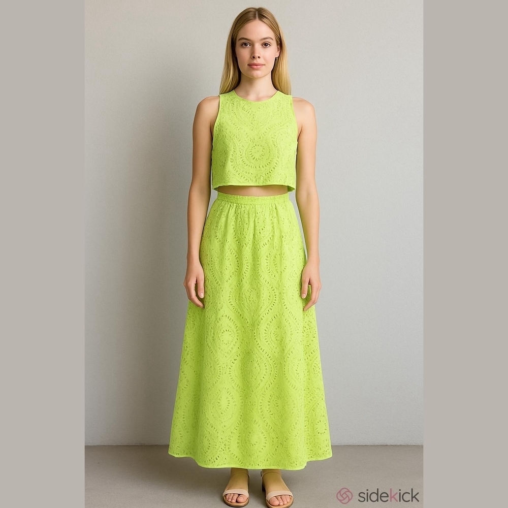 Milk&Honey Bright Green Eyelet Skirt Set Crop Top Maxi Midi Large Boho Spring